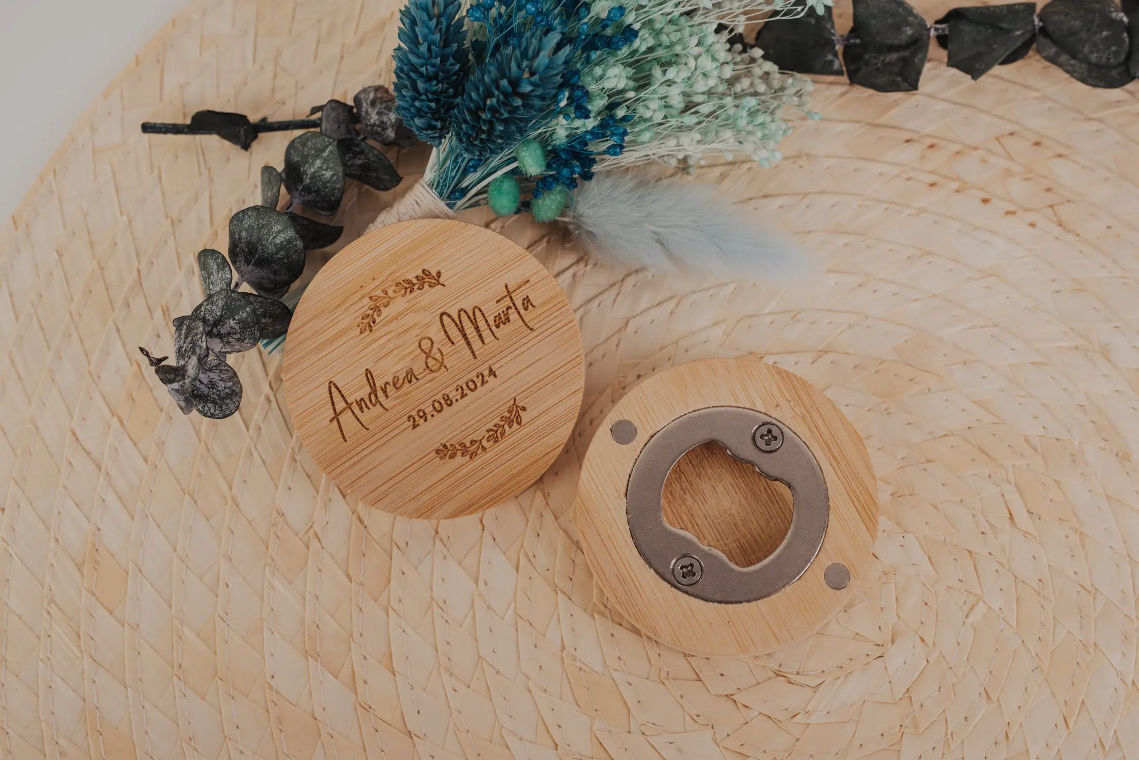 Abrebotellas Bambú "Nuestra Boda Vintage"