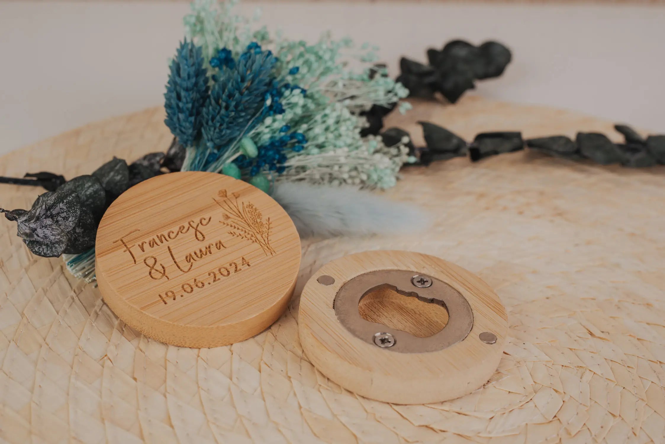 Abrebotellas Bambú "Nuestra Boda Vintage"