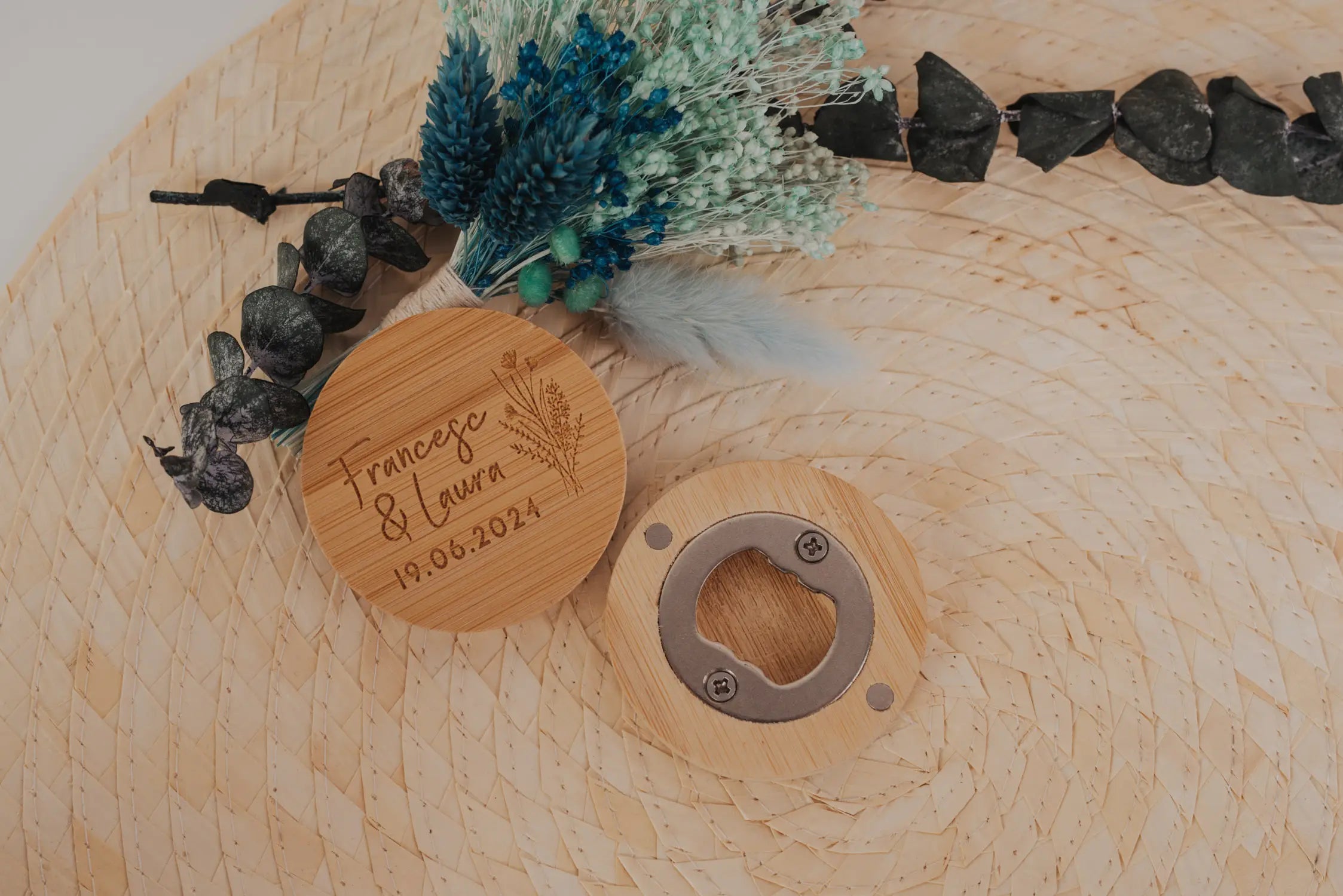 Abrebotellas Bambú "Nuestra Boda Vintage"